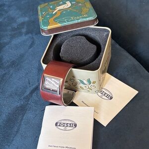 VINTAGE RARE F2- Fossil Leather CUFF Watch with Silver Dial ES1875